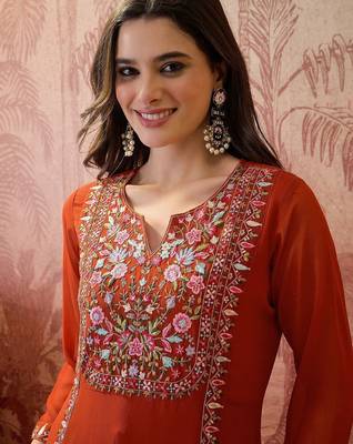 Embroidered round neck kurta & palazzos 3