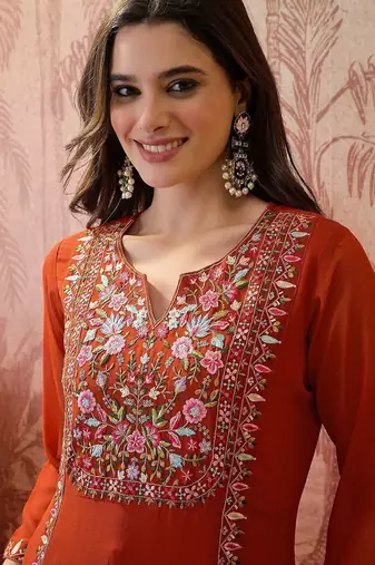 Embroidered round neck kurta & palazzos