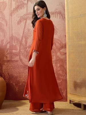 Embroidered round neck kurta & palazzos 5