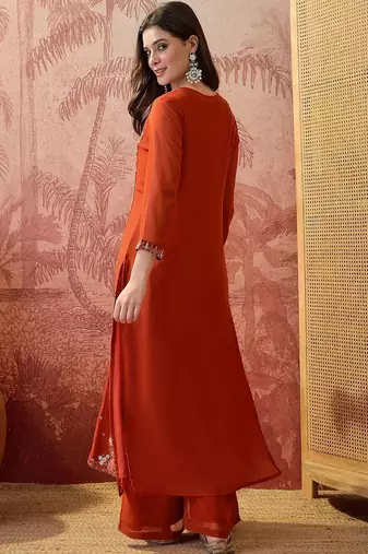 Embroidered round neck kurta & palazzos