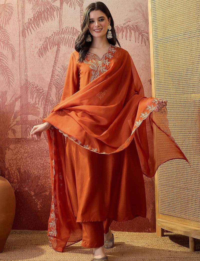 Embroidered v-neck straight kurta & trousers with dupatta