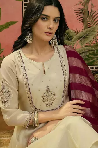 Embroidered round neck kurta & patiala with dupatta