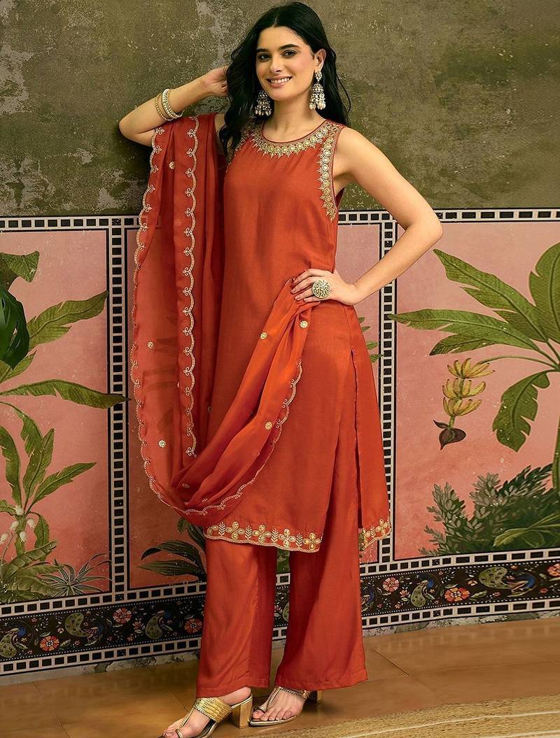 Orange santoon zari sequence gotapatti embroidered kurta with palazzo set