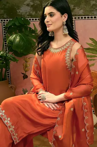 Orange santoon zari sequence gotapatti embroidered kurta with palazzo set