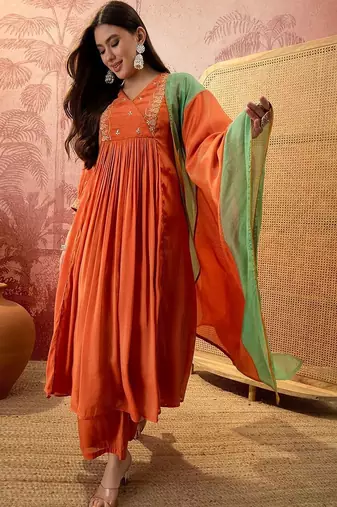 Embroidered v-neck kurta & palazzos with dupatta
