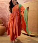 Embroidered v-neck kurta & palazzos with dupatta