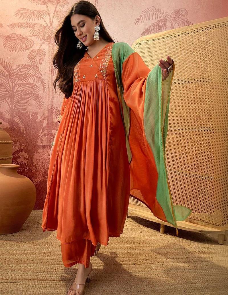 Embroidered v-neck kurta & palazzos with dupatta