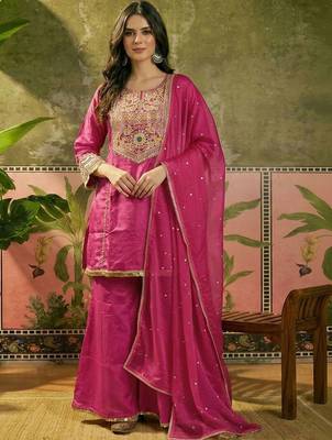 Embroidered round neck straight kurti & palazzos with dupatta 1