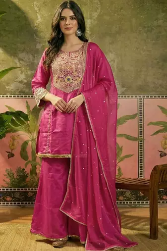 Embroidered round neck straight kurti & palazzos with dupatta