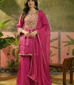 Embroidered round neck straight kurti & palazzos with dupatta