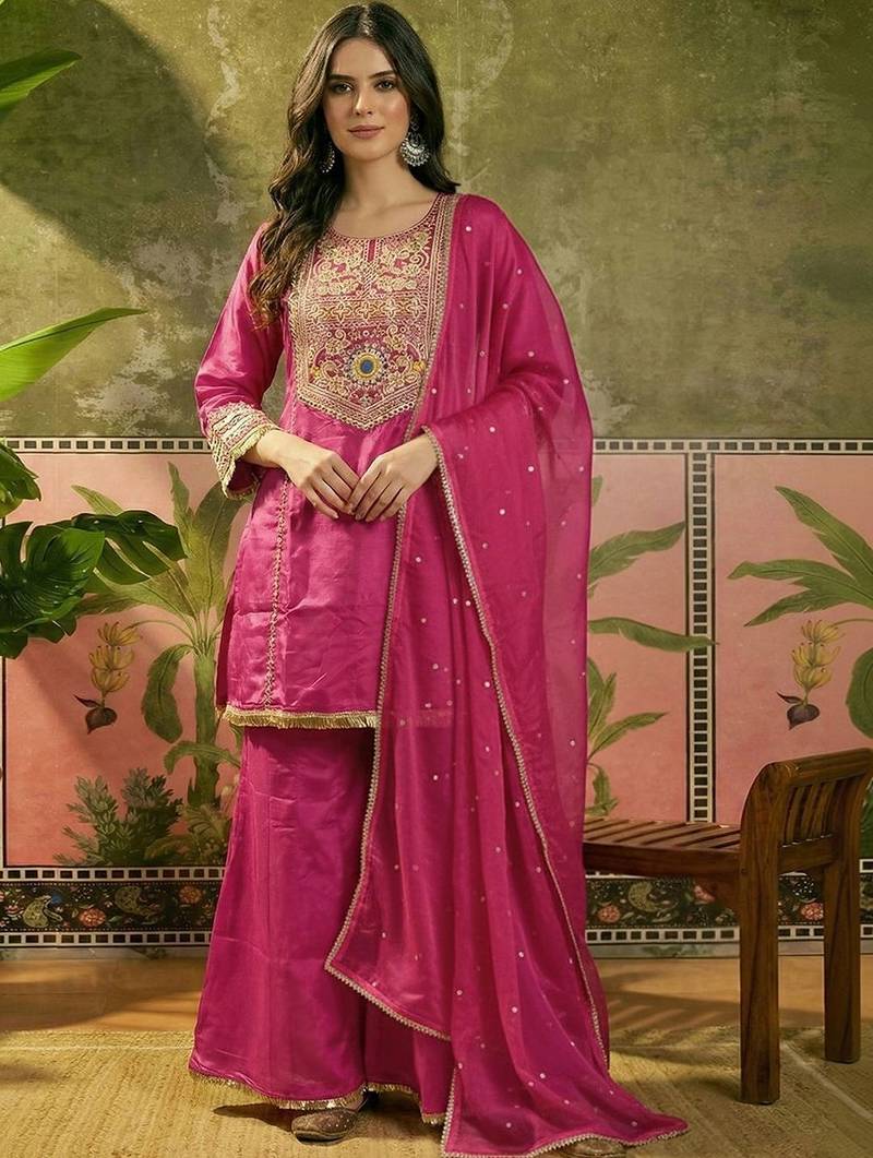 Embroidered round neck straight kurti & palazzos with dupatta