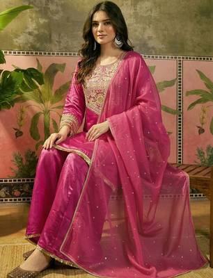 Embroidered round neck straight kurti & palazzos with dupatta 2