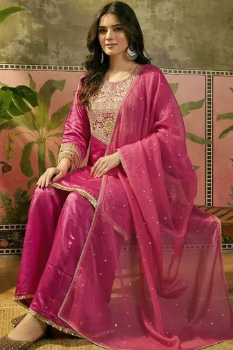 Embroidered round neck straight kurti & palazzos with dupatta