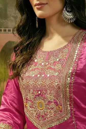 Embroidered round neck straight kurti & palazzos with dupatta