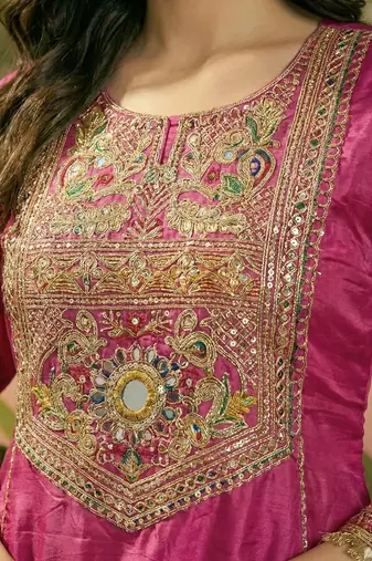 Embroidered round neck straight kurti & palazzos with dupatta
