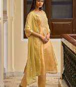 Embroidered round neck straight kurta & trousers with dupatta