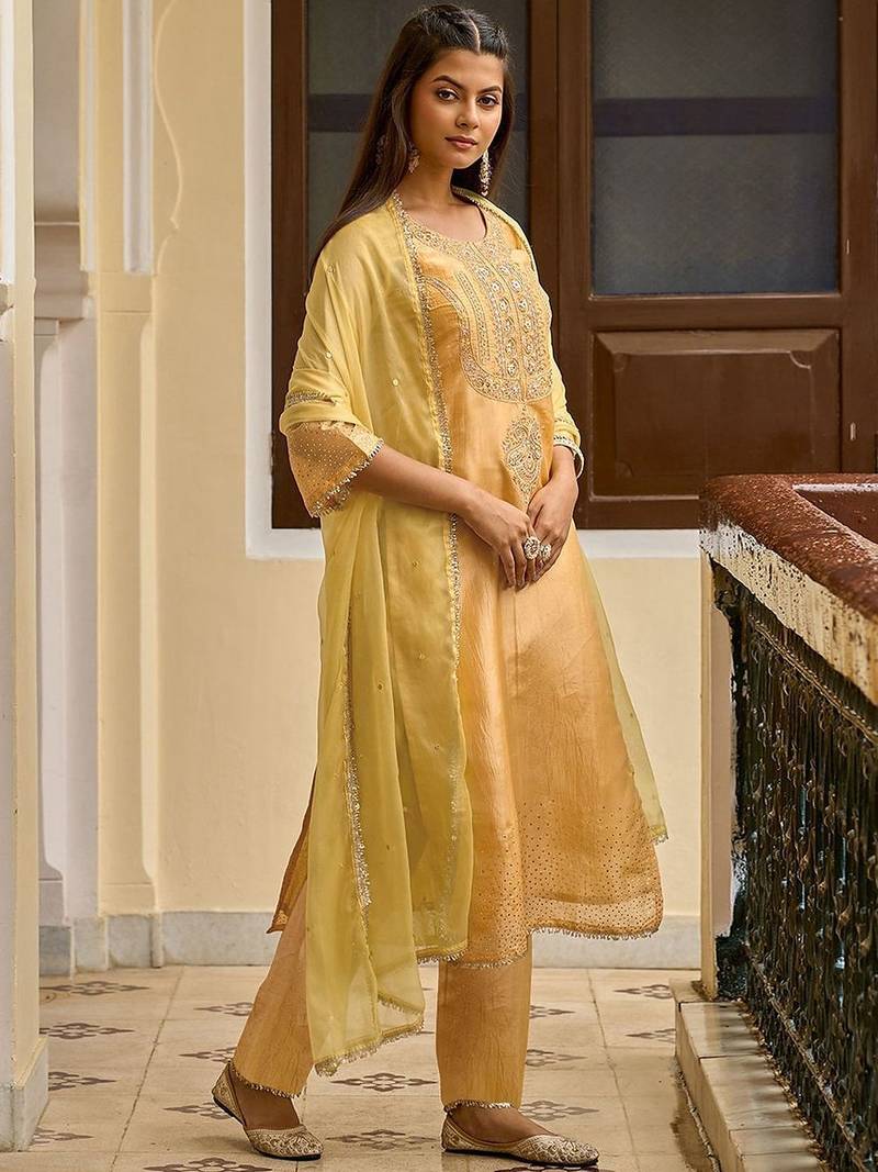 Embroidered round neck straight kurta & trousers with dupatta