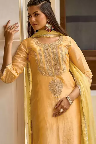 Embroidered round neck straight kurta & trousers with dupatta