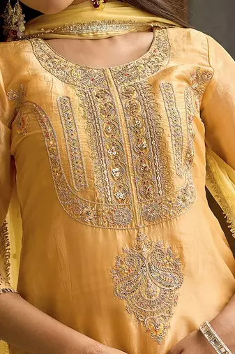 Embroidered round neck straight kurta & trousers with dupatta