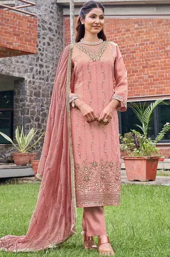 Embroidered  v-neck straight kurta & trousers with dupatta