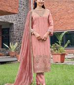 Embroidered  v-neck straight kurta & trousers with dupatta