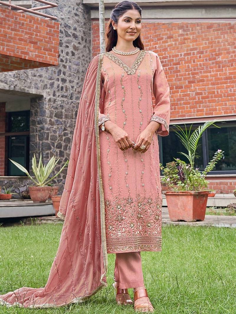 Embroidered  v-neck straight kurta & trousers with dupatta