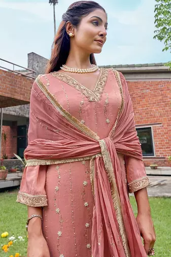 Embroidered  v-neck straight kurta & trousers with dupatta
