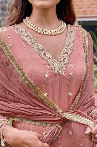 Embroidered  v-neck straight kurta & trousers with dupatta
