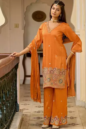 Embroidered v-neck straight kurta & palazzos with dupatta