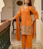 Embroidered v-neck straight kurta & palazzos with dupatta