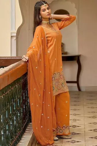 Embroidered v-neck straight kurta & palazzos with dupatta