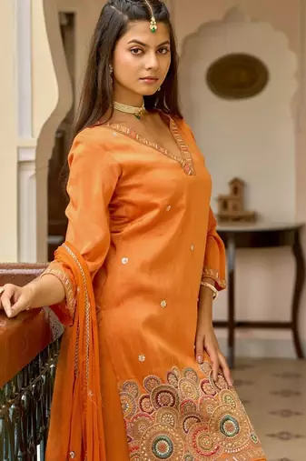 Embroidered v-neck straight kurta & palazzos with dupatta
