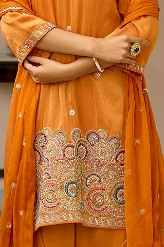 Embroidered v-neck straight kurta & palazzos with dupatta