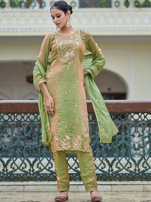 Embroidered round neck straight kurta & trousers with dupatta 1