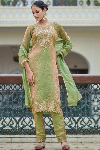 Embroidered round neck straight kurta & trousers with dupatta