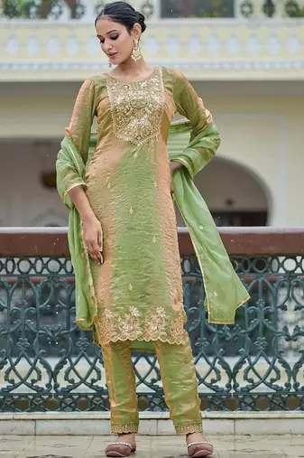 Embroidered round neck straight kurta & trousers with dupatta