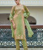Embroidered round neck straight kurta & trousers with dupatta