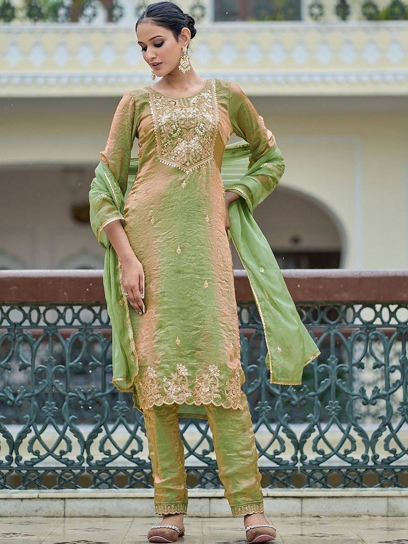 Embroidered round neck straight kurta & trousers with dupatta