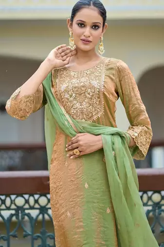 Embroidered round neck straight kurta & trousers with dupatta