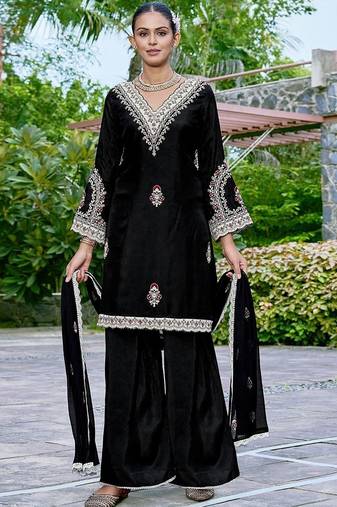 Embroidered v-neck straight kurta & palazzos with dupatta