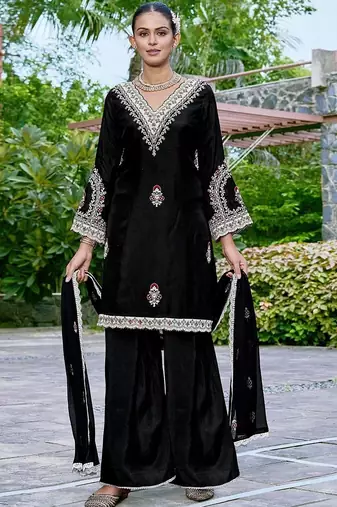 Embroidered v-neck straight kurta & palazzos with dupatta