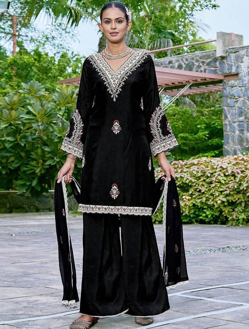 Embroidered v-neck straight kurta & palazzos with dupatta