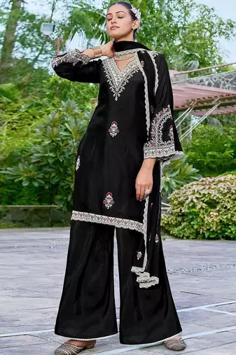 Embroidered v-neck straight kurta & palazzos with dupatta
