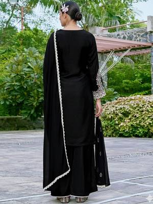Embroidered v-neck straight kurta & palazzos with dupatta 4