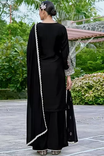 Embroidered v-neck straight kurta & palazzos with dupatta