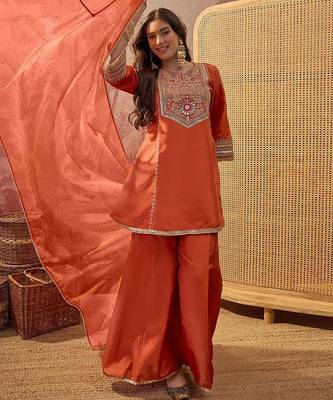 Embroidered round neck a-line kurta & palazzos with dupatta 1