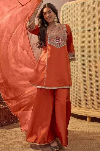 Embroidered round neck a-line kurta & palazzos with dupatta