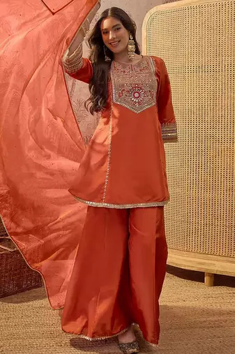 Embroidered round neck a-line kurta & palazzos with dupatta