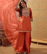 Embroidered round neck a-line kurta & palazzos with dupatta