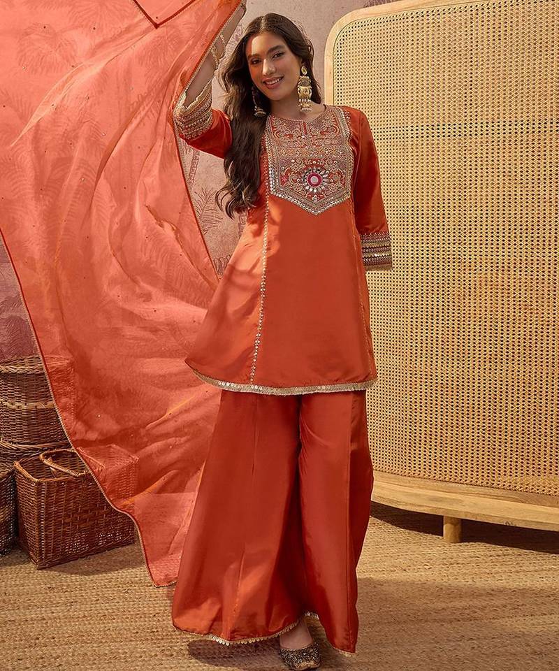 Embroidered round neck a-line kurta & palazzos with dupatta